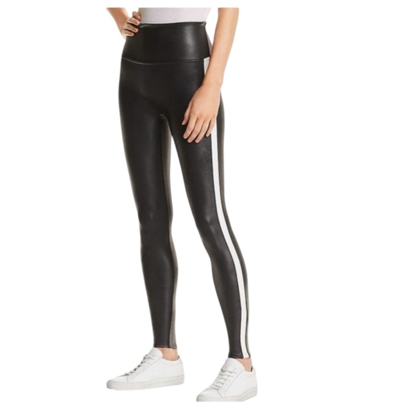SPANX Faux Leather Tuxedo Stripe Leggings Black White Size Large - Picture 1 of 8